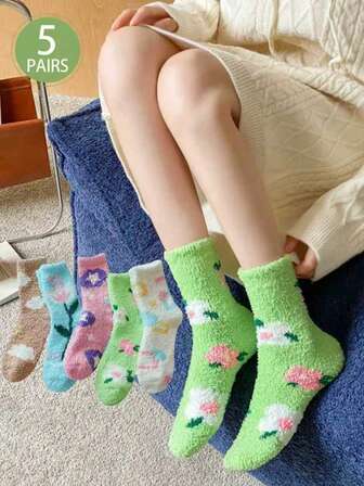 5双装花卉图案加厚保暖袜，女士室内地板袜，半绒睡袜，秋冬季舒适袜