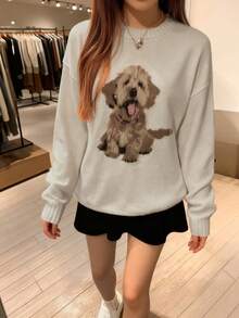 Buzzelle 秋季女装奶油色狗狗图案毛衣，适合校园、返校节等场合，可爱上衣，Y2K风格街头风，复古富家女装，教师装，冬季女装 - 彩色 - 查看 4