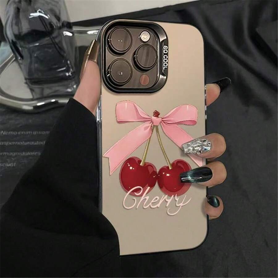 Cute Cherry & Pink Bow  Case - Y2K Kawaii Aesthetic, Protective Clear Cover for Girly Fashion Enthusiasts, Sweet Trendy Design to Boost Your Style - Negro - Ver 1