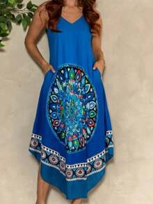 MIA BRAZIL Midi Trapeze Dress In Viscose With Mandala Print, Comfortable With Pockets, Perfect For Summer, Everyday Wear And The Beach - PLK-2104 - 藍色 - 查看 3