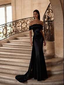 Basrey Solid Satin Off-Shoulder High-Waist Evening Dress, Fishtail Hem, Suitable For Formal Dinners, Galas And Parties. Party Wedding - Black - View 1