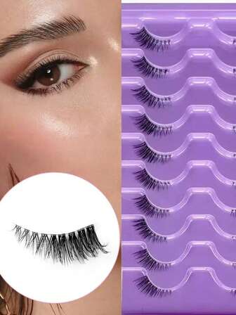 10 Pairs Thick Curly Winged Natural Look Cat Eye Transparent Stem False Eyelashes, Suitable For Women's Daily Commute, Party, Date