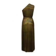 Women Solid Color Asymmetrical Collar Pleated Dress - Gold - View 2