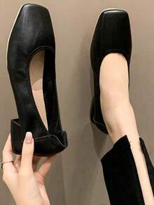 2025新款时尚女式方头简约基础款黑色低跟平底鞋 - 黑色 - 查看 5