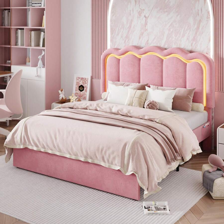 SHA CERLIN Twin/Full/Queen Upholstered Size Bed Frame With LED Lights, Adjustable Velvet Headboard With Wavy Design, Noise Free, Wooden Slats Platform Bed, Easy Assembly, No Box Spring Needed, Pink - View 1