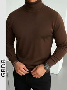 GRDR Men's Regular Shoulder Long Sleeve High Neck Sweater, Versatile For Daily Wear Knitted Pullover - Brown - View 4