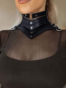 复古哥特朋克铆钉项圈项链 - 时尚性感PU皮革项圈，带O形环，女士可调节Y2K锁骨链，适合日常和派对场合 - 黑色 - 查看 2
