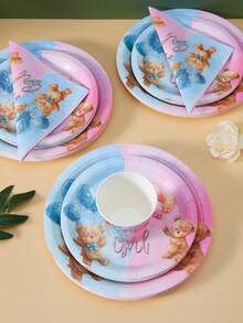 100/25/10pcs Cute Bear Gender Reveal Party Tableware Set, 7/9 Inch Disposable Paper Plates, Gender Reveal Party Decoration Bear Paper Plates, Cups And Napkins, Disposable Paper Plates, Cups, Napkins, Cute Bear Theme Gender Reveal Party Supplies - Multicolor - View 4