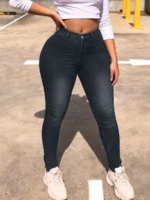 Women Elastic High Stretch Mid Rise Jeans, Slim Fit Form-Fitting Denim Pants For Daily Wear & Night Out - Grey - View 2