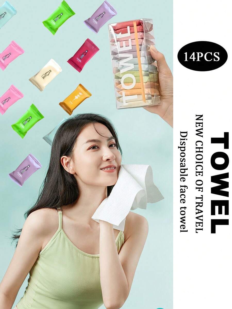 14条/盒户外露营一次性压缩毛巾，超柔软手洗长方形一次性旅行家用面巾套装，加厚设计，独立包装，旅行便携，双面柔软质地，适合旅行、露营、居家使用。