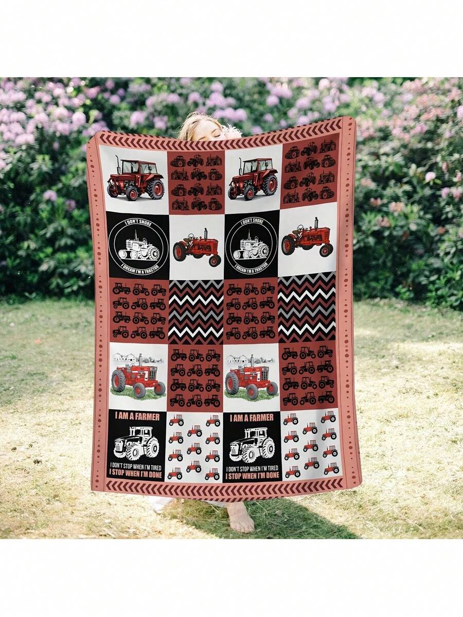 Industrial-Style Tractor Pattern Soft Flannel Throw Blanket – Knitted Polyester Farming Machinery Design, All-Season Cozy Sofa Blanket, Unique Gift For Friends, Farm Theme Comforter