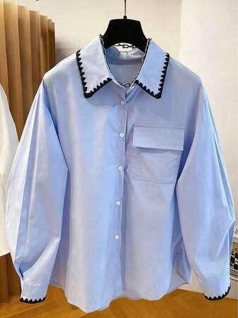 Women's Loose Casual Solid Color Heavyweight Crochet Collar Shirt