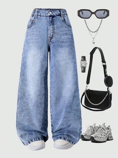 Girls' Vintage Loose Wide Leg Jeans, Casual Straight Leg Denim Pants