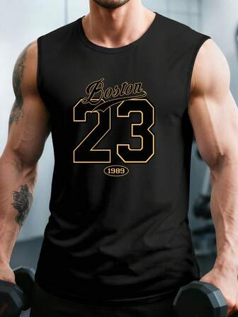 男士 Boston 23 印花运动圆领上衣，无袖健身服，印花无袖运动上衣，男士上衣，运动服，健身服，运动服饰