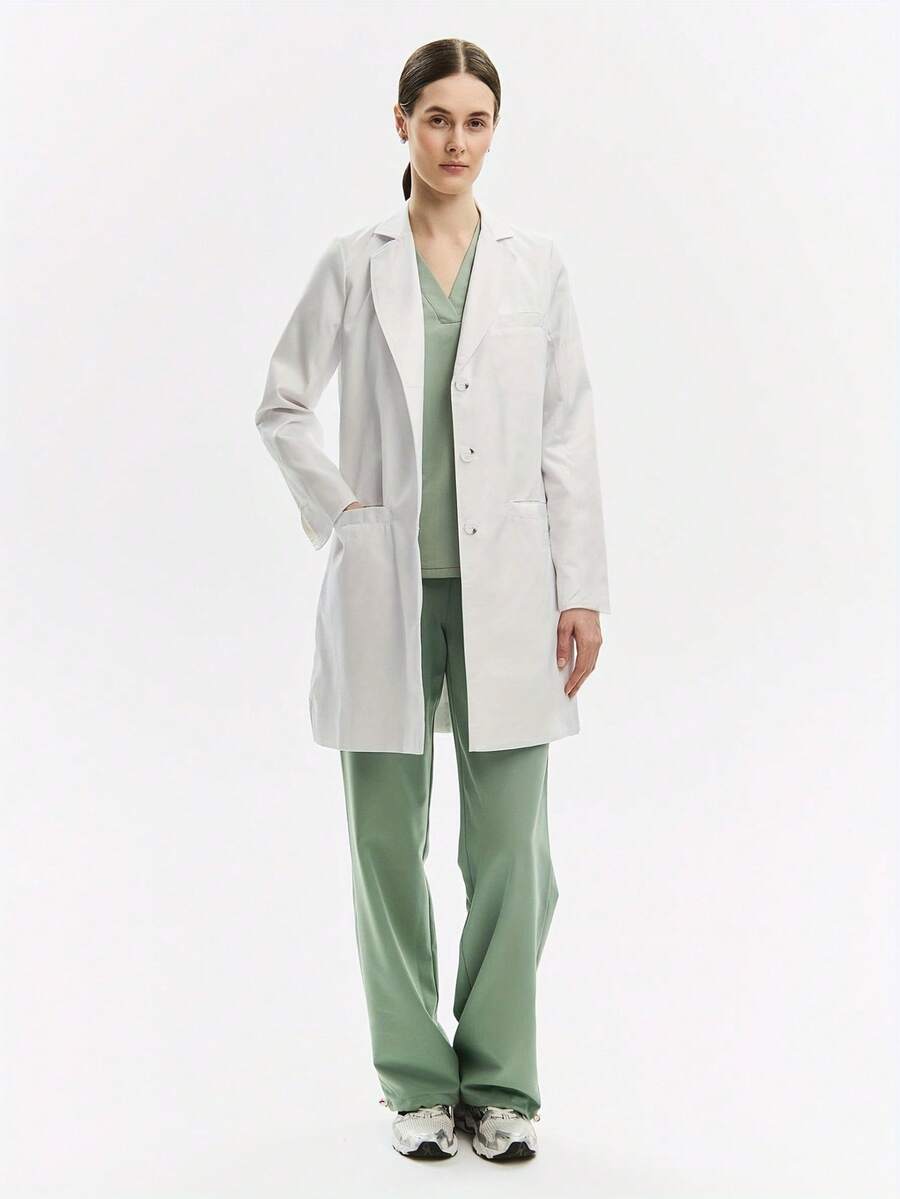 معطف مختبر أمامي بجيب بلون سادة للرعاية الصحية - أبيض - مشاهدة 1