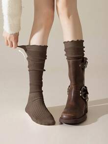 2双装女士袜子，秋冬季，适合搭配骑马靴，时尚纯色荷叶边过膝袜，舒适保暖。 - 彩色 - 查看 4