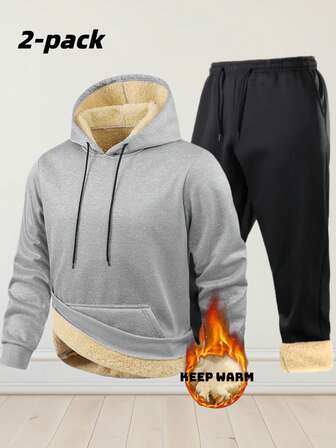 2pcs/Set Men's Thickened Thermal Lined Hoodie And Pants Casual Sports Suit, Autumn/Winter
