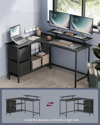 L-Shaped Desk With 2 Spacious Drawers, Gaming Desk With Monitor Stand, Corner Desk, Computer Desk With Adjustable Storage Shelf, For Home Office, Ebony Black