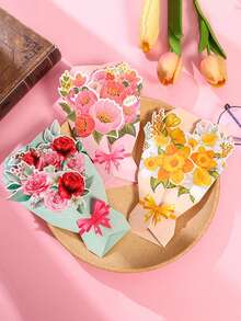 3pcs (Random Style) 3D Greeting Cards For New Year, Holiday, Floral Bouquet, Valentine's Day, Christmas, Thanksgiving, Message Cards, Gifts