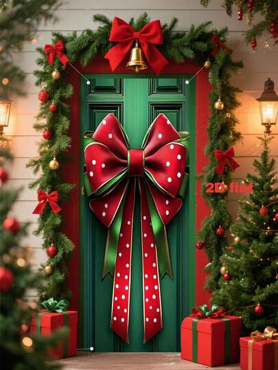 1pc 2D Flat Christmas Door Cover With Bow Decoration Pattern, Made Of Polyester, Suitable For Christmas Festival Door Banners, Winter Christmas Gift Box Design, Festival Door Hanging, Home Decoration, Christmas Party Door Decoration.