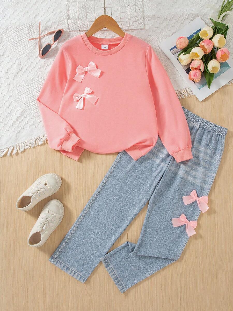 两件套女童休闲套装，纯色蝴蝶结装饰长袖上衣搭配印花仿牛仔图案长裤，春秋季