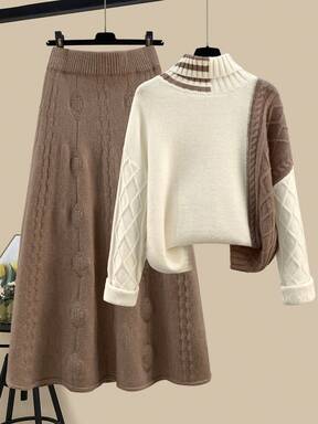 Nuovo set elegante e casual da donna composto da maglione oversize a collo alto e maniche lunghe con blocchi di colore e gonna, outfit autunnale/invernale
