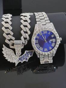 Conjunto de collar con colgante de alas de murciélago con diamantes y reloj de esfera azul con diamantes completos, joyería con cadena cubana con brillo para raperos y ropa urbana - Azul - Ver 23