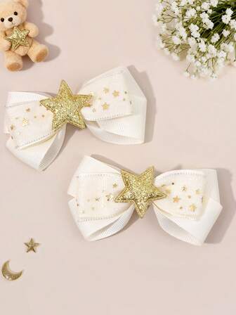 2pcs Elegant Beige Hair Bows For Women Girls Gold Stars Bow Alligator Clips Star Hair Clips Simple Plain Barrettes Fashion Holiday/Party/Gift Hairpins Women Hair Accessories, Claw Clips, Hair Slide