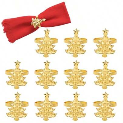 12个圣诞树金属餐巾环，银色和金色节日餐巾架，酒店和家居节日餐桌装饰