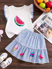 Conjunto de blusa de manga corta con cuello redondo y falda con estampado de dibujos animados para niña pequeña - Blanco - Ver 1