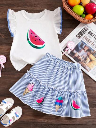 Conjunto de blusa de manga corta con cuello redondo y falda con estampado de dibujos animados para niña pequeña