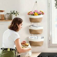 Hanging Basket On The Door, 3-Layer Woven Cotton Wall-Mounted Storage Bag, Decorative Hanging Kitchen Basket - White - View 4