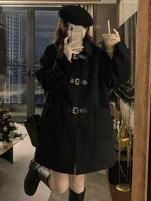 Solid Color Pocket Casual & Date Collegiate Winter Women Wool Blend Jacket - Black - View 5