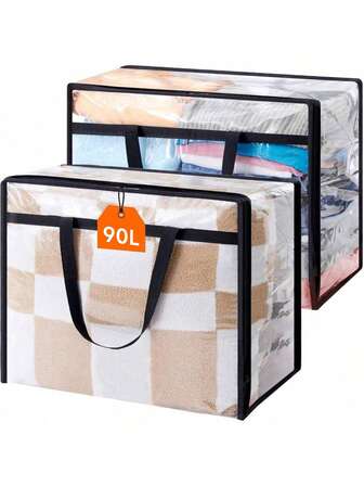 1个90升大容量可折叠收纳袋，透明衣物收纳袋，衣柜收纳袋，适用于衣物、床上用品和被子，PVC材质，带拉链，可折叠防水，便携式床上用品收纳袋，家用，节省空间的衣物整理袋