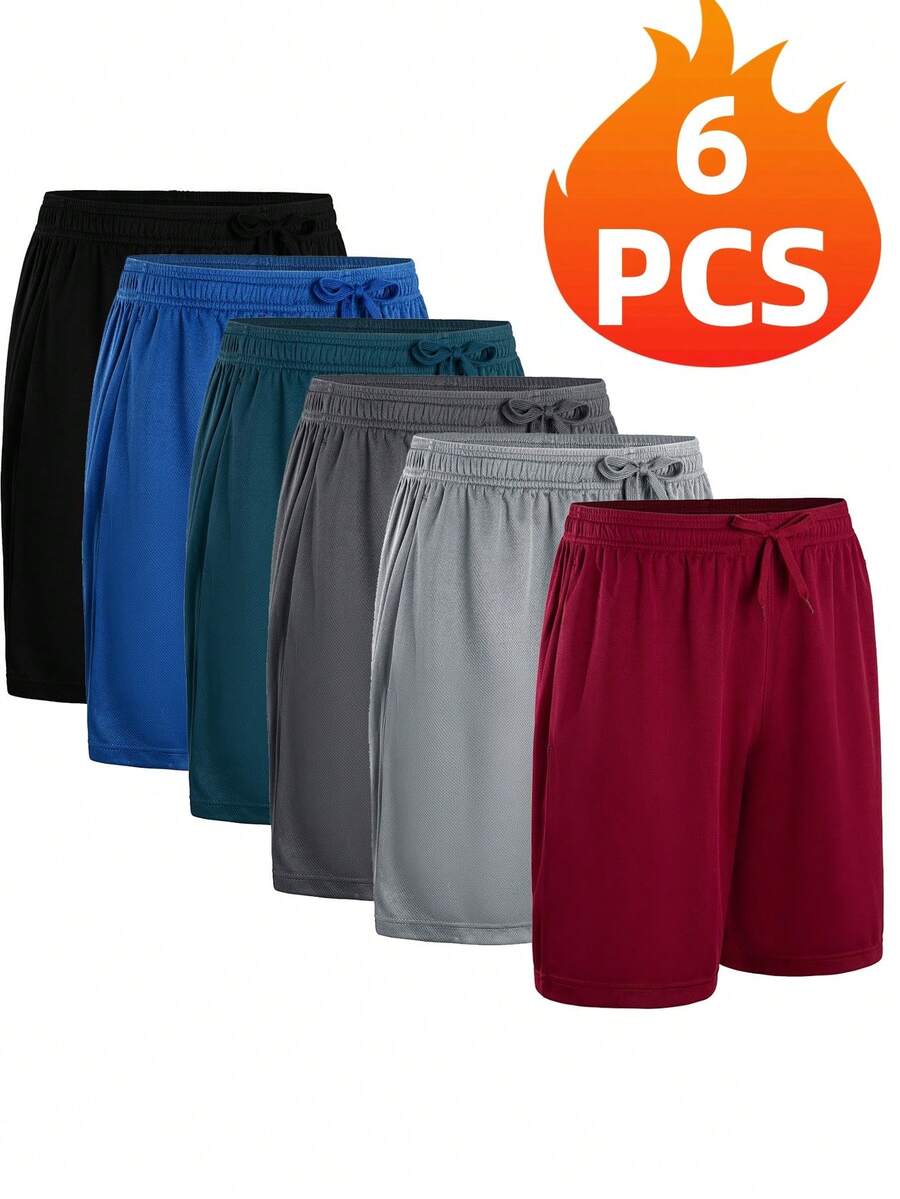 6PCS  Men's Athletic Performance Shorts ,Men's Sports Shorts, Basketball Shorts, Running, Fitness, Hiking, Quick Drying Fabric, Breathable And Comfortable - 黑色+深灰+淺灰+寶藍+藍綠+酒紅 - 查看 1