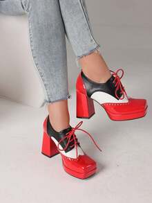 Women's Multi Colored Oxford Shoes Fashion Square Toe Chunky High Heels Platform Brogues Pumps Lace Up Work Office Dress Shoes - Đỏ - Xem 6
