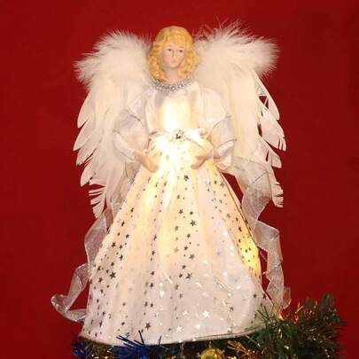 Angel Christmas Tree Topper, 14" Angel Treetopper, 10-Light Angel Tree Topper With Wings, Indoor Christmas Decors, Xmas Home Ornaments (Afrian American)