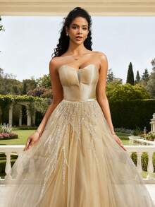 VIPGIRL 优雅浅黄色无肩带缎面雪纺晚礼服，露背系带设计，女士正式晚礼服，女士舞会礼服，短款返校礼服 - 黃色 - 查看 10