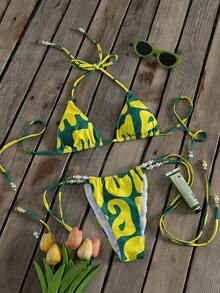 New Carnival Women's Bikini Set, Tropical Yellow-Green Artistic Geometric Wave Color Block Print Sexy Party Swimwear, Summer Beach Vacation Music Festival - Multicolor - View 2