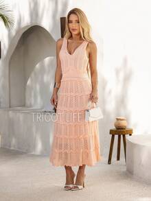 Women's Midi Dress, Knit, Summer, Crochet, Ruffles, Party, Beach, Elegant, Christmas, New Year's Eve, Premium - 珊瑚橙 - 查看 3