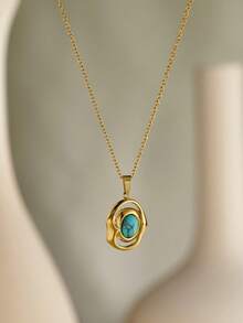1pc Elegant French Style 18K Gold Plated Stainless Steel Geometric Oval Flower Natural Stone Pendant Necklace, Hypoallergenic Clavicle Chain Suitable For Women Daily Wear And Couples Gift - Gold - View 13