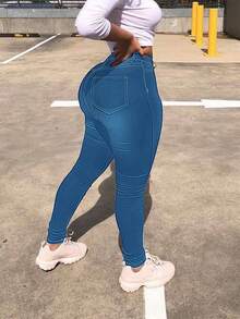 Women Elastic High Stretch Mid Rise Jeans, Slim Fit Form-Fitting Denim Pants For Daily Wear & Night Out - Medium Wash - View 1