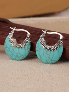 Pendientes de aro estilo bohemio, pendientes colgantes decorados con turquesa sintética - Plateado - Ver 5