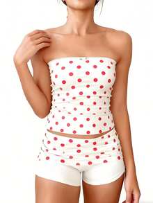 Women Polka Dot 2 Piece Outfits Summer Vacation Matching Set Strapless Tube Top And Baggy Shorts Lounge Set - 紅色 - 查看 2