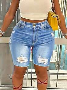 Women's Ripped Denim Shorts - Destroyed Raw Hem Sexy Shorts With Distressed Details, Stretchy Comfort Fit - Light Wash - View 5