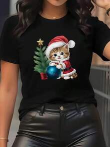 Camiseta informal de mujer con estampado animal navideño, cómoda camiseta de manga corta y cuello redondo, adecuada para primavera y verano, fiestas navideñas y conjuntos de invierno, apta para cualquier ocasión, color liso, estilo informal, fiesta de Navidad, Día de San Patricio, reunión familiar, uso diario. - Negro - Ver 1