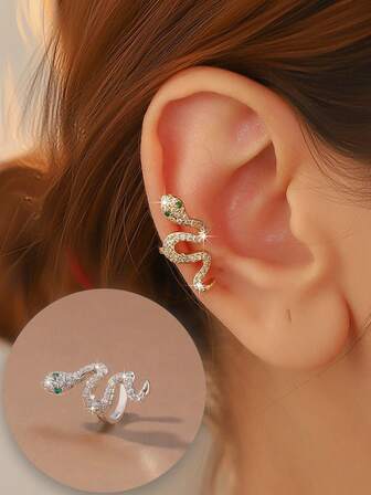 1pc Niche Design Gold & Silver Snake Shaped Green Rhinestone Earrings, Y2K Style, Suitable For Daily Wear, Christmas Party, Eye-Catching