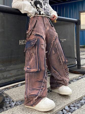 1 件男士时尚美式街头风格拼布多口袋工装裤，宽松舒适阔腿牛仔裤，百搭四季长裤（不含腰带和配饰）