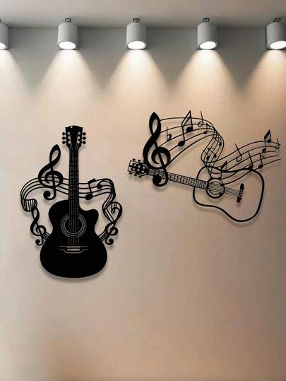 黑色金属音符吉他墙饰 - 适用于教室、礼堂、家居和咖啡馆 - 乡村风格装饰，音乐爱好者收藏品，卧室装饰，音乐主题墙饰，男女皆宜的礼物，理想的房间装饰，墙面艺术装饰，音乐节