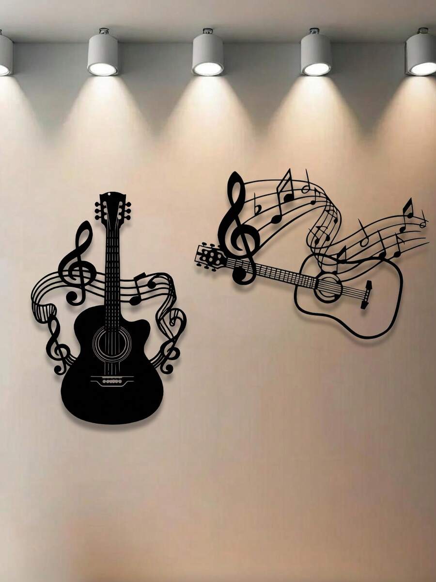Tranh treo tường hình nốt nhạc và guitar bằng kim loại đen - Hoàn hảo cho phòng học, hội trường, nhà ở và quán cà phê - Trang trí theo phong cách nông trại, đồ sưu tầm cho người yêu nhạc, trang trí phòng ngủ, tranh treo tường chủ đề âm nhạc, quà tặng cho nam/nữ, trang trí phòng lý tưởng, tranh nghệ thuật treo tường, lễ hội âm nhạc. - Nhiều màu - Xem 1
